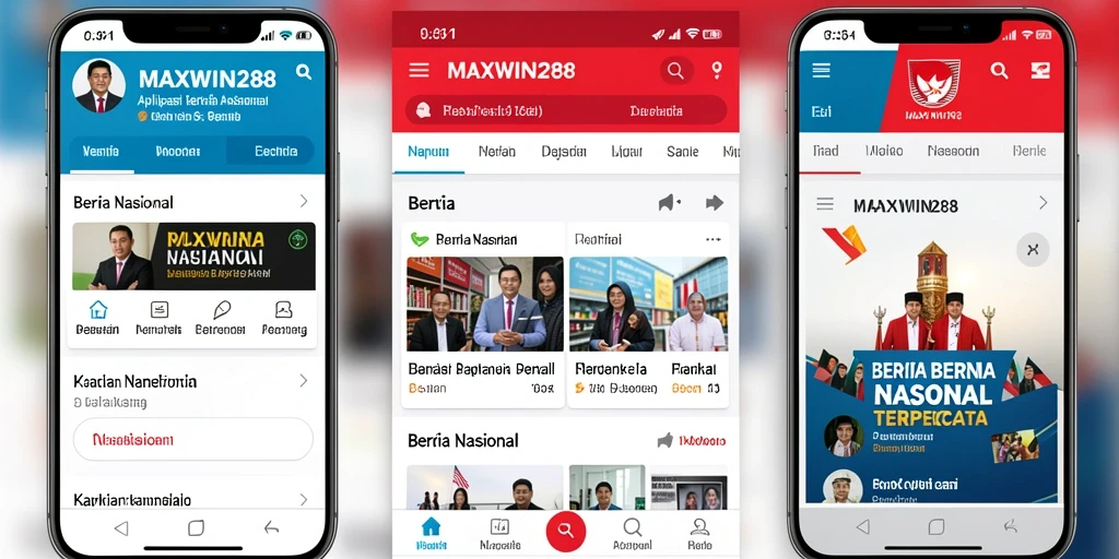 Tampilan antarmuka aplikasi MAXWIN288 dengan berbagai kategori berita.