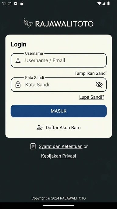 Tampilan halaman login rajawalitoto